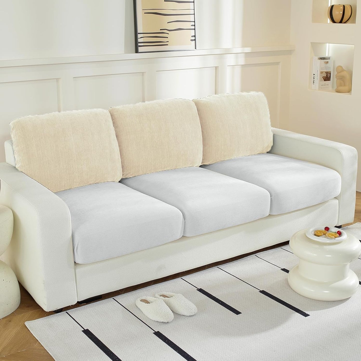 Large Backrest Cushion Covers Super Stretch Backrest Covers for 3 Cushion Couch Sofa, Couch Back Cushion Covers Featuring with Chenille Yarn (Softer Version, 3PC, Beige)