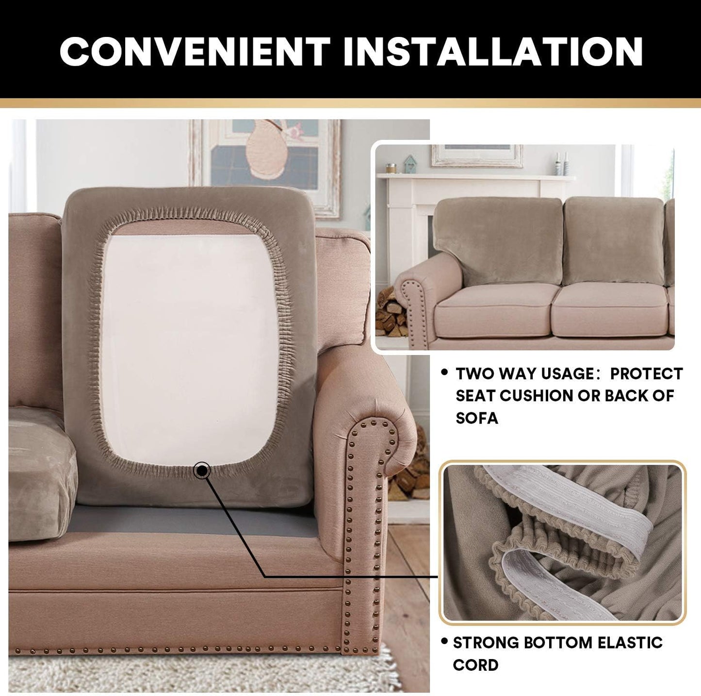 PrinceDeco Velvet Stretch Couch Cushion Cover Soft Cushion Slipcover for Chair Loveseat Sofa Cushion Furniture Protector Seat Cushion Sofa Cover (3 Piece XL Sofa Cushion Covers, Taupe)