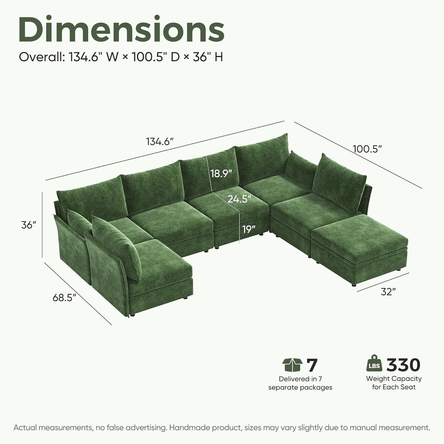 134.6" Oversized Modular Sectional Sofa, Large 7 Seater U Shaped Couch with Storage Ottoman with Reversible Chaise Deep Seat for Living Room, Apartment - Chenille Green
