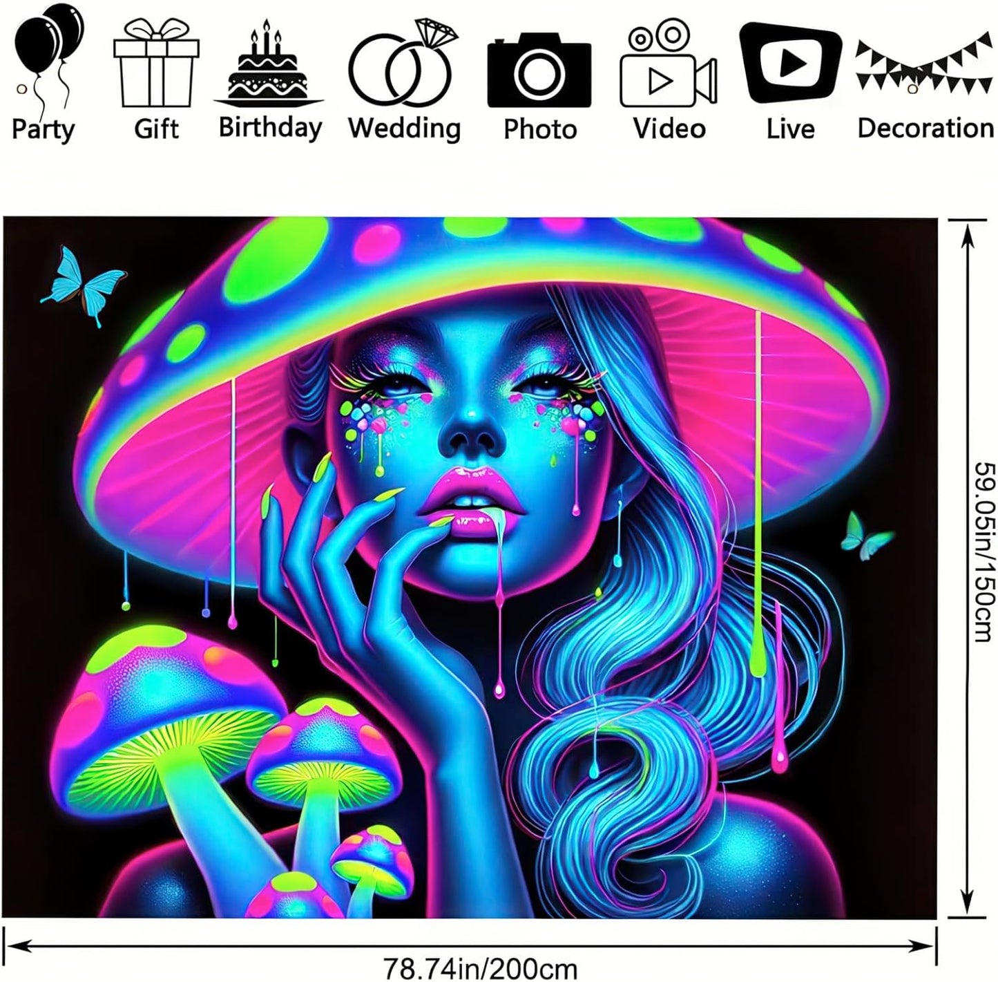 BlissYard UV Reactive Tapestry Psychedelic Mushroom Goddess Wall Fantasy Neon Mushroom Tapestry Glow In The Dark Tapestry Backdrop Wall Hanging for Bedroom Dorm Decor Bedroom 59 X 78 inches