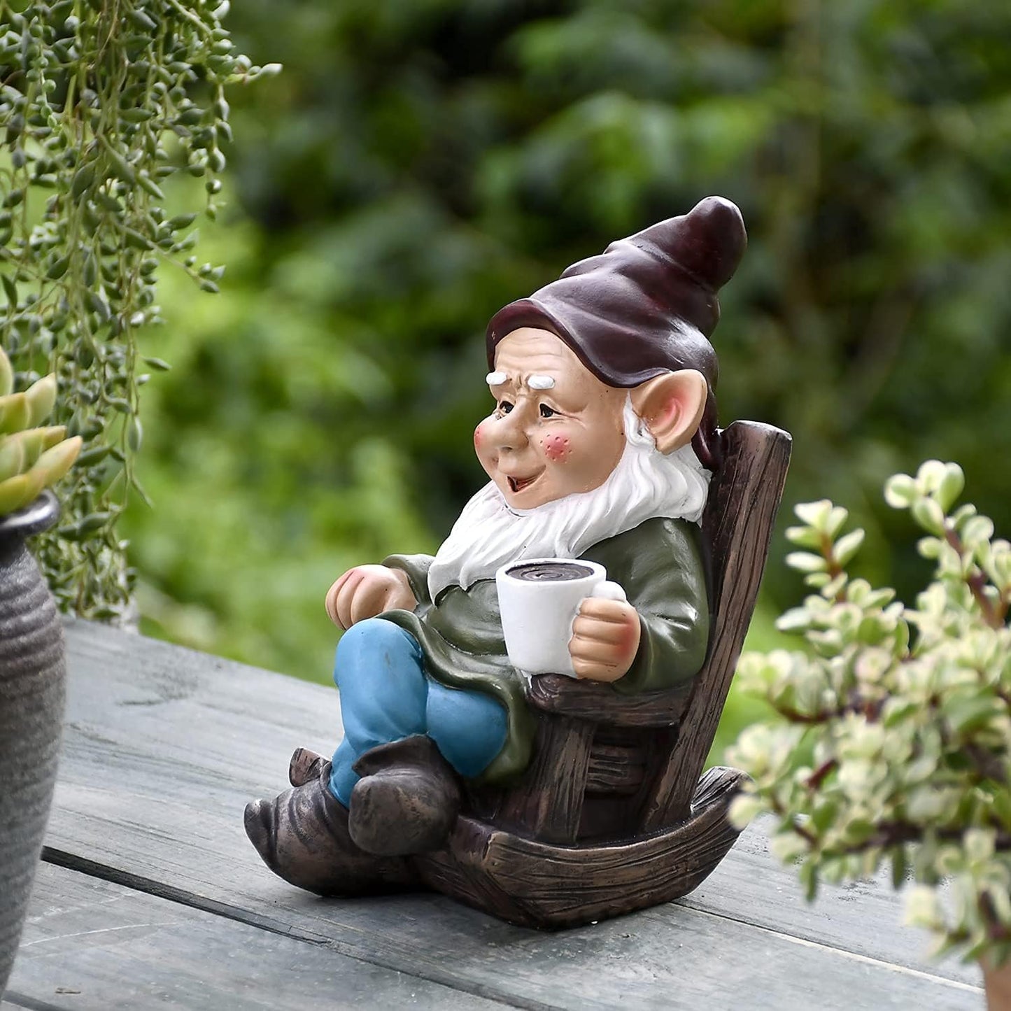 OwMell Drinking Coffee Garden Gnome Statue Decoration 7.3" Figurine Ornament for Indoor Outdoor Home Patio Yard Lawn - Coffee