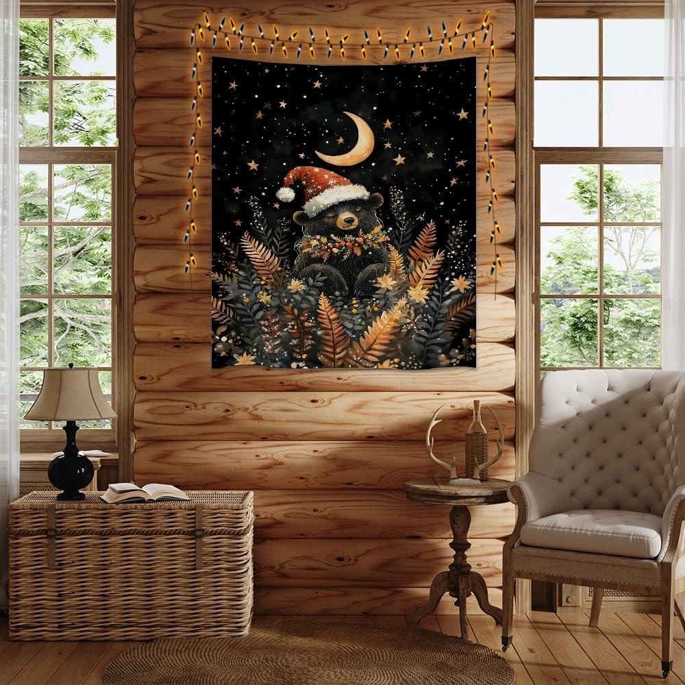 Whimsical Christmas Tapestry Moon Stars Dark Aesthetic Wall Hanging Decor Cute Bear Tapestries for Kids Room Decoration Funny Christmas wall art for Bedroom Dorm Living Room 30x40inch