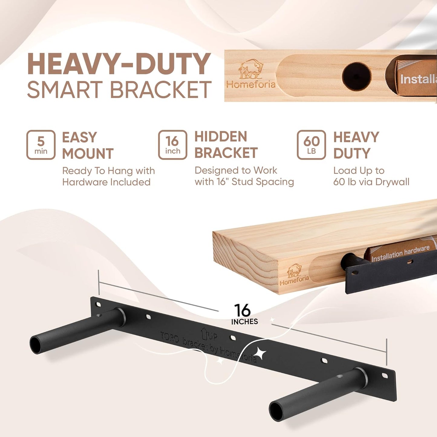 Homeforia 24 inch Wood Floating Shelves, High End Solid Natural Wood 24inch Floating Shelf for Wall, Unfinished Wooden 24 inches Floating Shelves, Heavy Duty Bracket, 24 X 6.5 X 1.75 in, Set of 4