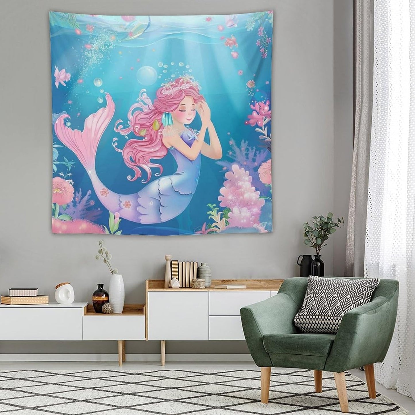 HZOHNAGO Mermaid Girls Tapestry Watercolor Flowers Mermaid Princess Blessing Pattern for Kids Room Decoration Printed Wall Tapestry Wall Hanging for Bedroom Living Room Dorm 60" W x 60" H