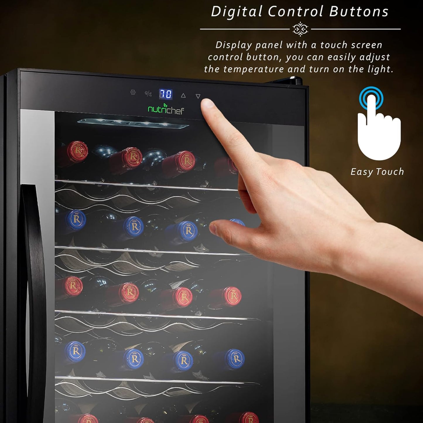 Nutrichef 24 Bottle Wine Fridge | Single Zone Wine Chiller | Adjustable Temperature Control 41°F to 64°F | Ultra Quiet Operation | Wine Cooler For Home & Office | Free Standing 29x16x17 IN