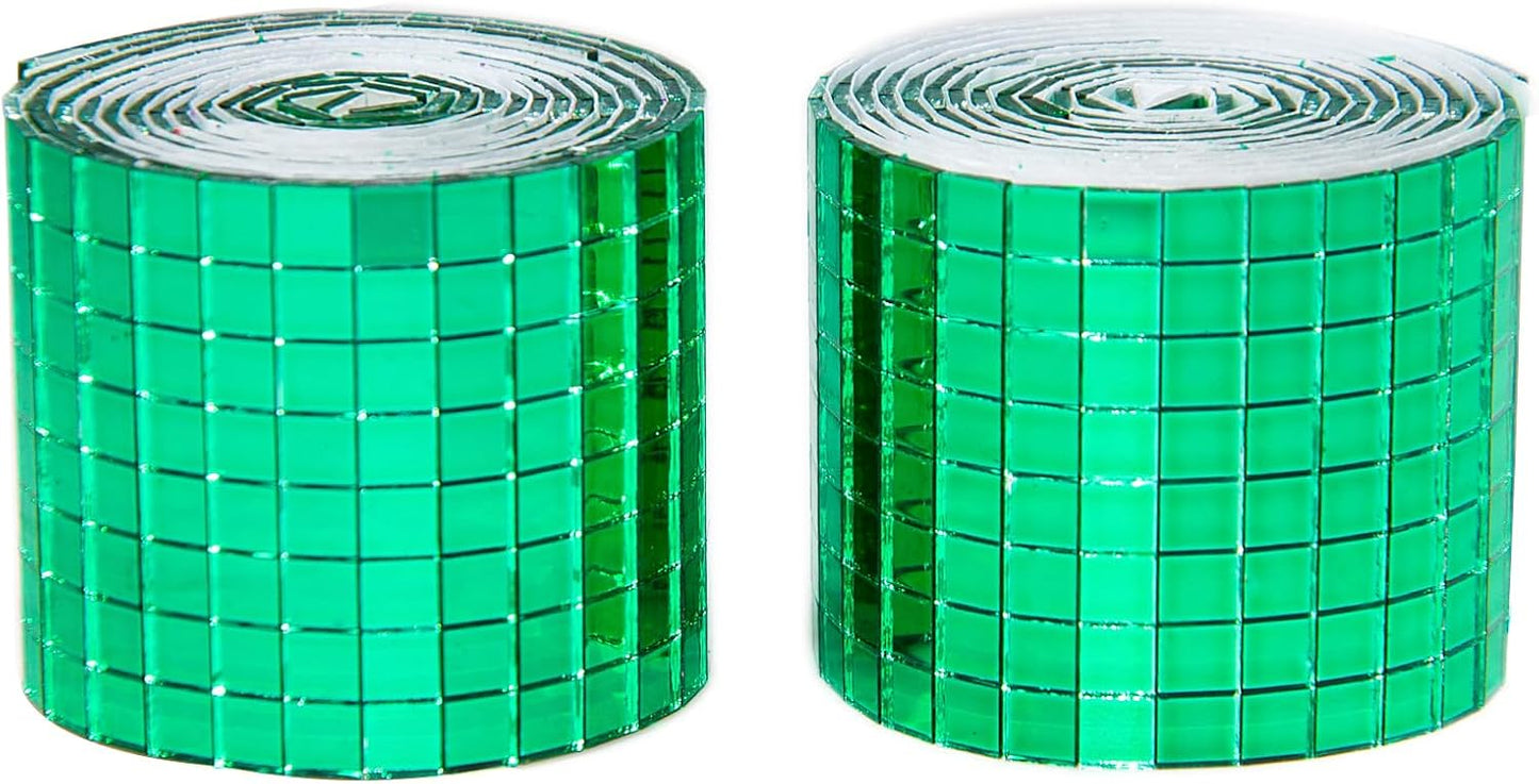 Green Self-Adhesive Glass Mirror Mosaic Tiles, 5 x 5 mm Square Mirror Tiles, 3200 Pieces Disco Ball Tiles for DIY Craft, 2 Rolls Disco Mirror Tiles for Interior, Art Collage, Card Making, Cups