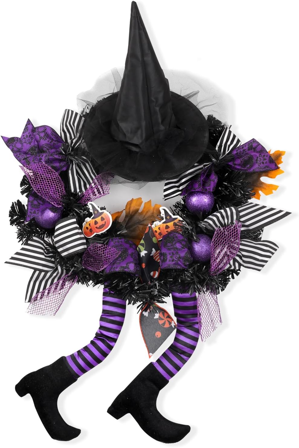 Happy Halloween Wreath for Front Door Decoration with Skeleton Artificial Bone Orange Ornaments Maple Leaf for Party Decor (Halloween Purple)
