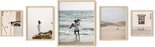 HAUS AND HUES Picture Frame Set - Set of 5 Wall Frames Collage Set, Collage Photo Frames, Natural Wood Picture Frames, Gallery Wall Decor, (Two 8x10, Two 11x14, One 16x20 Framed Beige)