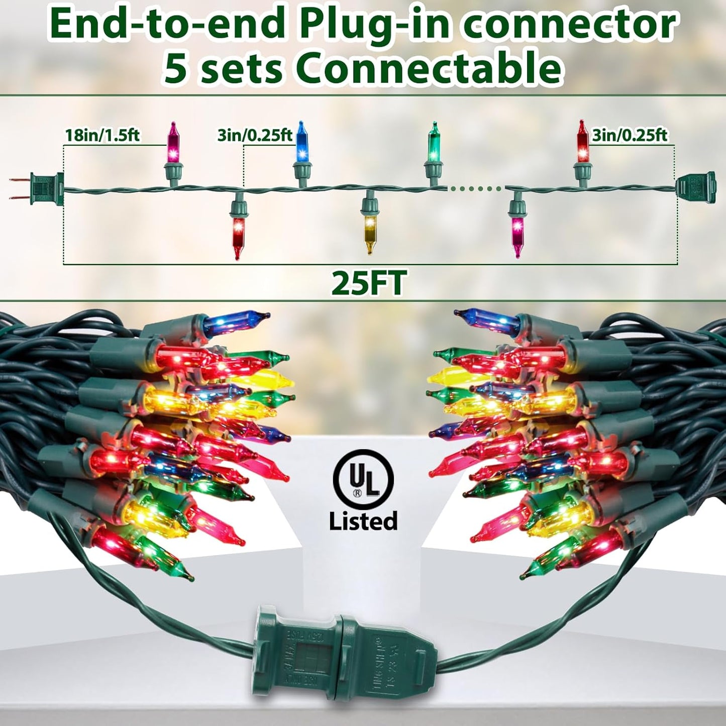 Multicolor Christmas Lights String 25FT 100 Count Incandescent Bulbs Mini Lights with Green Wire for Christmas Tree, Garland, Wedding, Party, Home, Indoor & Outdoor Festival Decoration