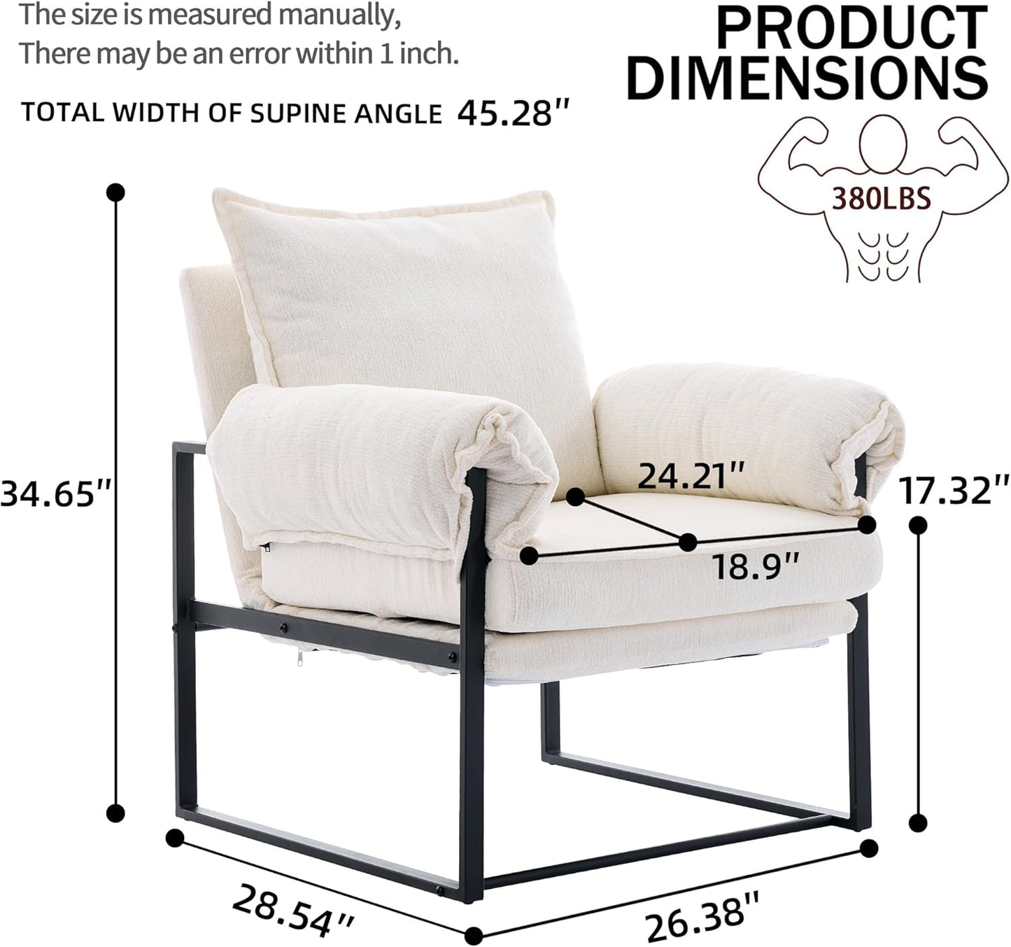 YISHENG Accent Chair with 6-Angle Adjustable Backrest, Chenille Fabric Living Room Chair Upholstered Lounge Chair, Modern Chair Cozy Reclining Chair for Reading Room, 1PC White