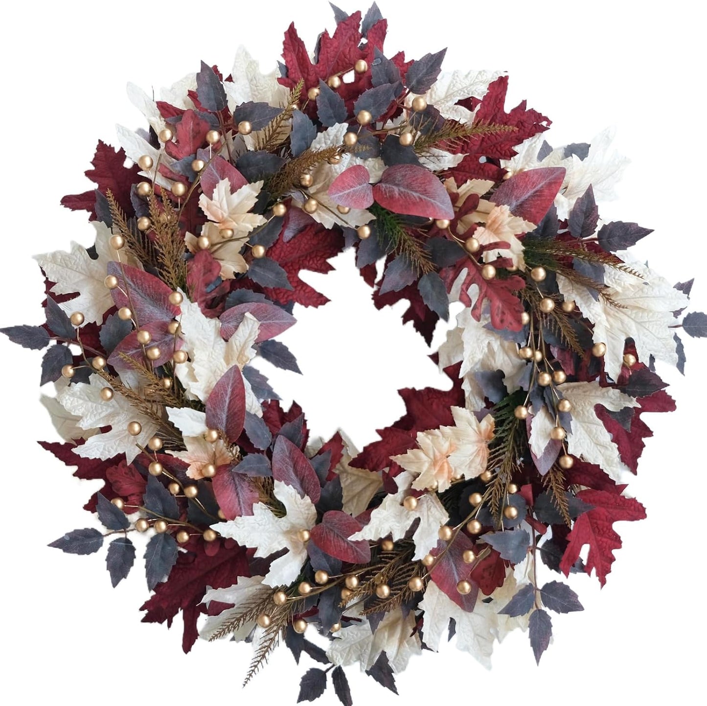 Maple Leaves Pearl Fall Wreaths- 22 Inch Autumn Wreath with Gold Pearl Accents & Grapevine Base, Farmhouse Style for Front Door Wreaths for Thanksgiving Harvest Indoors/Outdoors