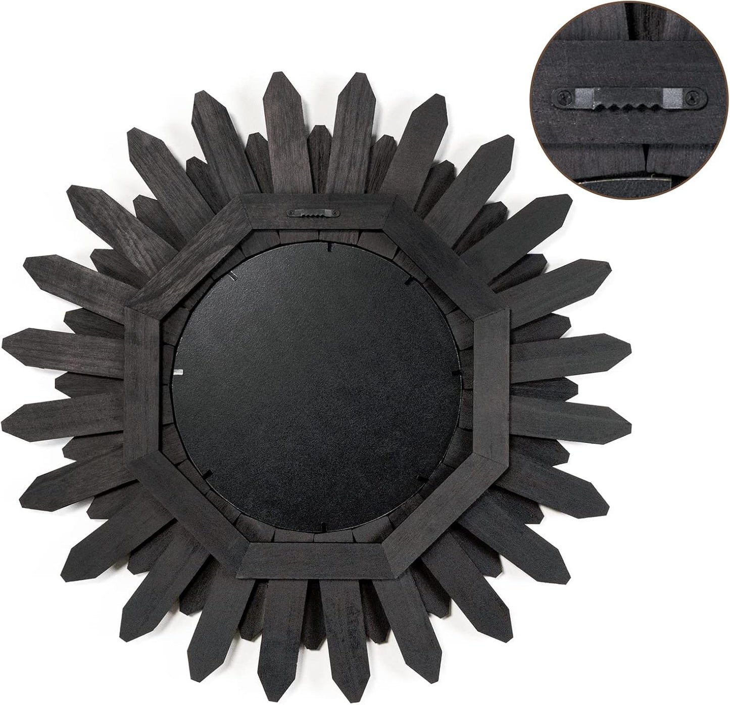 Honiway 21 inch Black Wall Decor Vintage Mirror, Boho Style, Wooden Frame, Easy to Hang, Ideal Gift