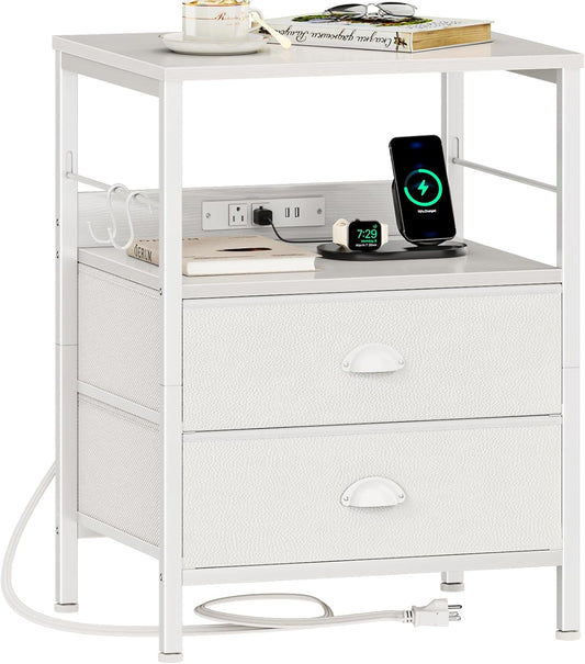 Furologee Night Stand with Charging Station, Bedside Table with Fabric Drawers, End Table with USB Ports & Outlets, White Nightstand with Storage Shelf & Hooks, for Living Room/Bedroom, White