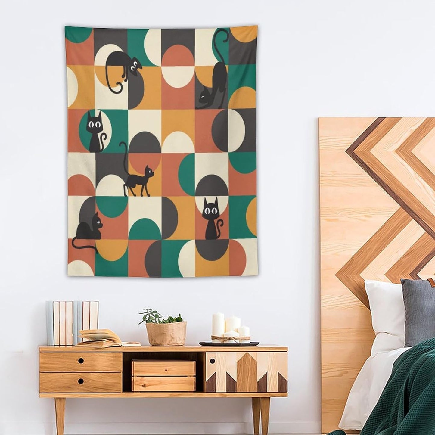 ICMOLYYENLO Boho Medieval Cat Tapestry, Abstract Atomic Starburst Geometric Aesthetic Art Wall Hanging For Bedroom Living Room Dormitory 60x60 Inches