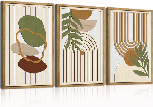 Large Sage Green Boho Wall Art Set Abstract Modern Geometric Wood Wall Decor Mid Century Neutral Artwork Bohemian Art Decor for Living Room Bedroom Office-16x24Inch x3