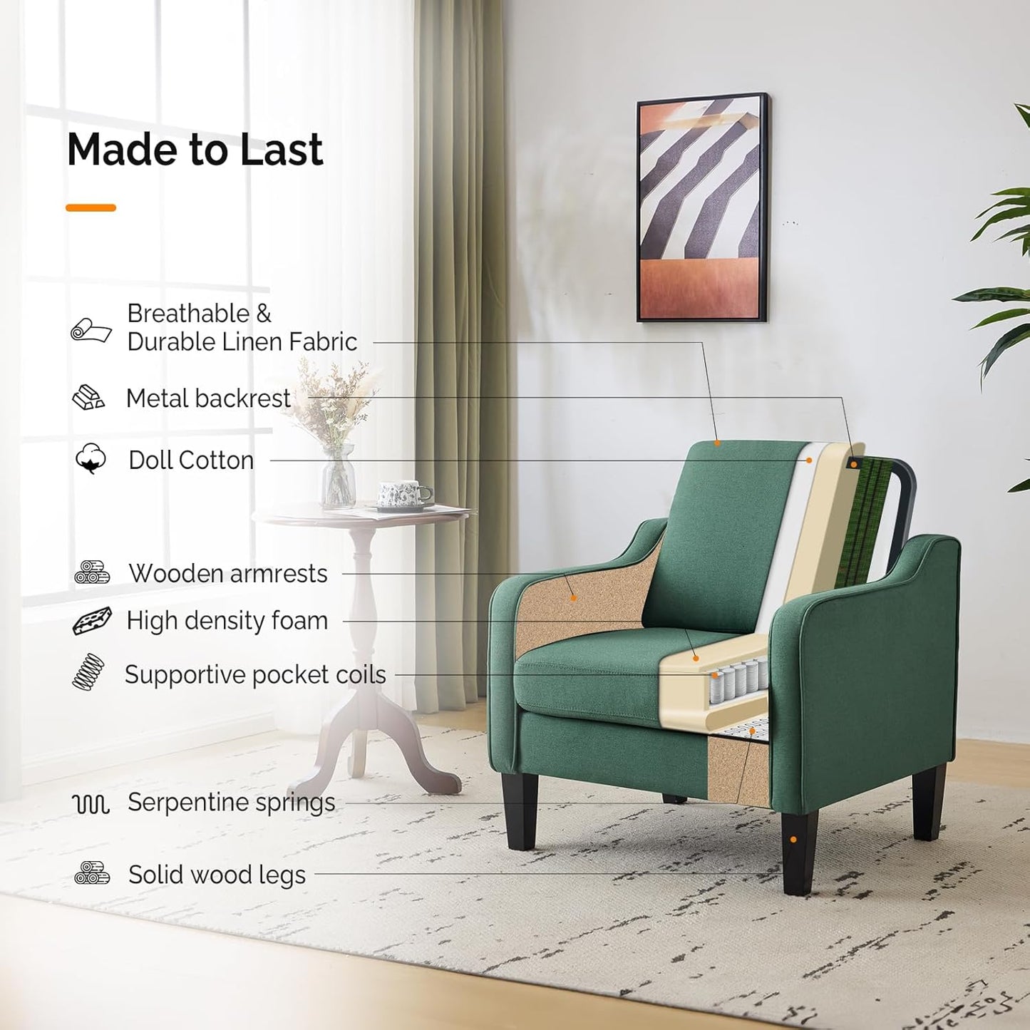 VINGLI Mid-Century Modern Accent Chairs Set of 2 Living Room Chairs Dark Green Reading Chairs for Bedroom Scooped Arm Chairs Upholstered Comfy Chairs for Apartment, Waiting Room