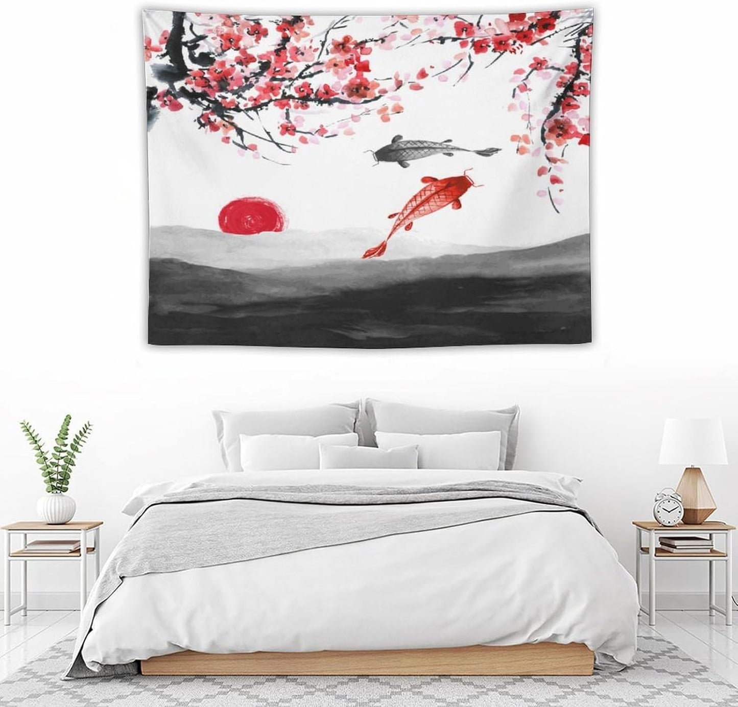 Japanese Koi Fish Tapestries, Cherry Blossoms Asian Oriental Flower Branch Koi Fish Carp Tapestry Wall Hanging for Bedroom Living Room Office Decor 40"x30"