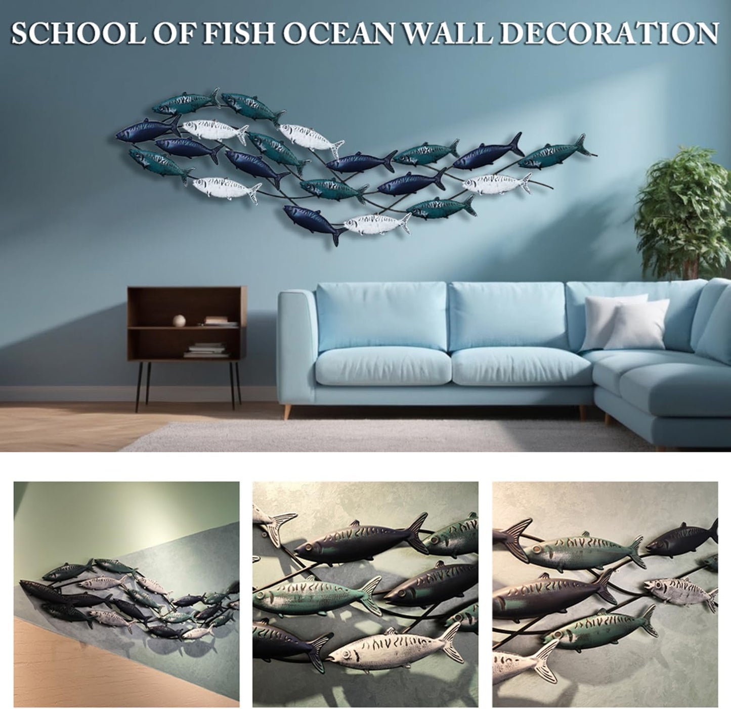 Coastal Metal Fish Wall Decor, Large Nautical Fish Wall Décor,School of 20 Fish Wall Art,3D Fish Wall Sculpture,Fish Metallic Art Decor,Perfect for Living Room,Bedroom,Beach Or Boat Decor,59" X 16.5"