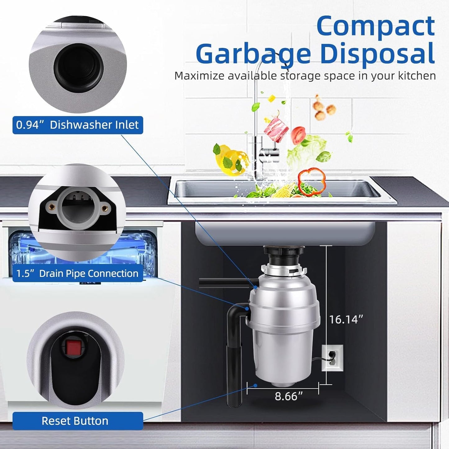 Powerful 1HP Stainless Steel Garbage Disposer, Dishwasher-Friendly and Continuous Feeding Waste Disposer, Grinding Material Four-Stage Grinding, Silver