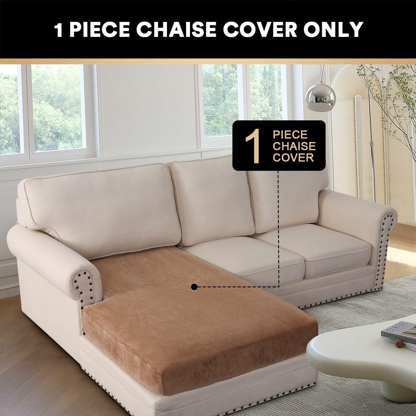PrinceDeco Sectional Couch Covers Velvet Couch Cover for Dogs Washable L Shaped Couch Cover 1 Piece Individual Sectional Couch Covers with Elastic Bottom(Chaise Lounge,Camel)