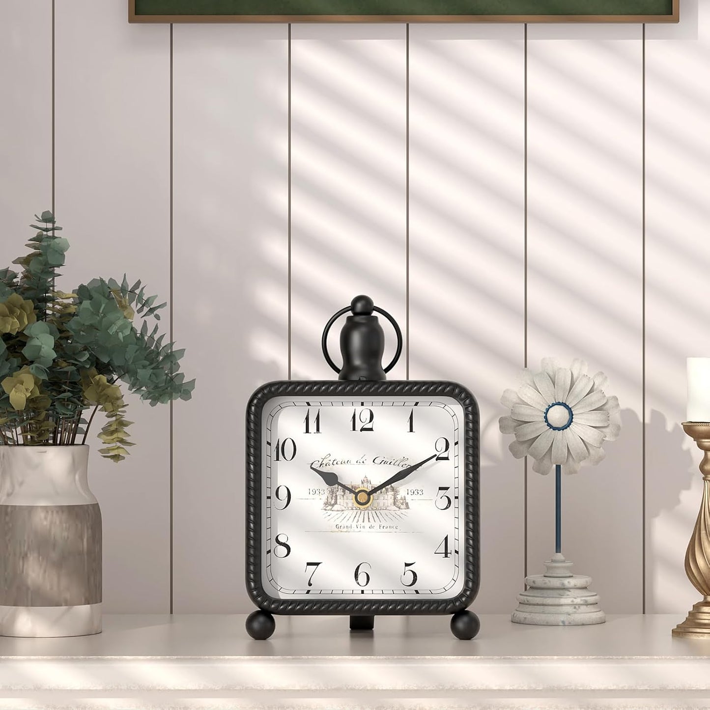 Vintage Black Table Clock on Stand, Desk and Shelf Decor Clock, French Rustic Style Non-Ticking Mantel Clocks for Farmhouse, Living Room, Bedroom, Bedside, Gift (8.5" H x 5.5" W)