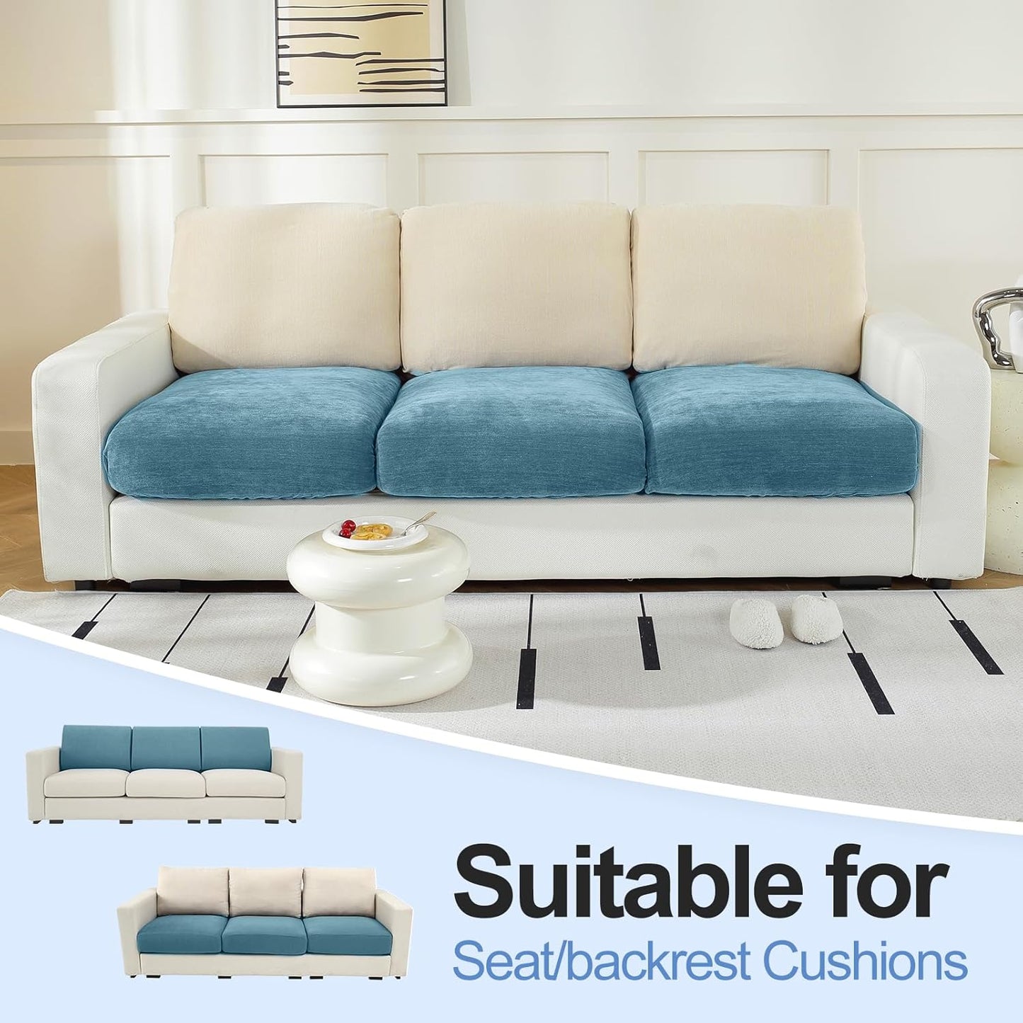 Couch Cushion Covers Individual Large Super Stretch Chenille (Softer Version) Sofa Cushion Covers, Armrest Cover Couch Slipcovers Furniture Protector (2PC, Blue)