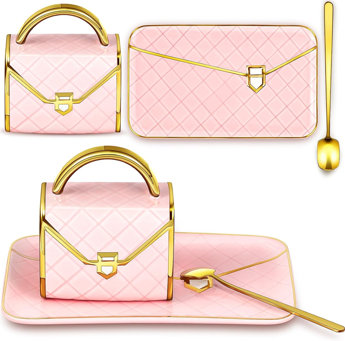 Zubebe 1 Set Coffee Mug Elegant Handbag Shaped Cup Modern Ceramic Purse Mug with Spoon and Saucer, 10oz Cute Creative Tea Cup for Office Home Woman Girls Gift (Pink)