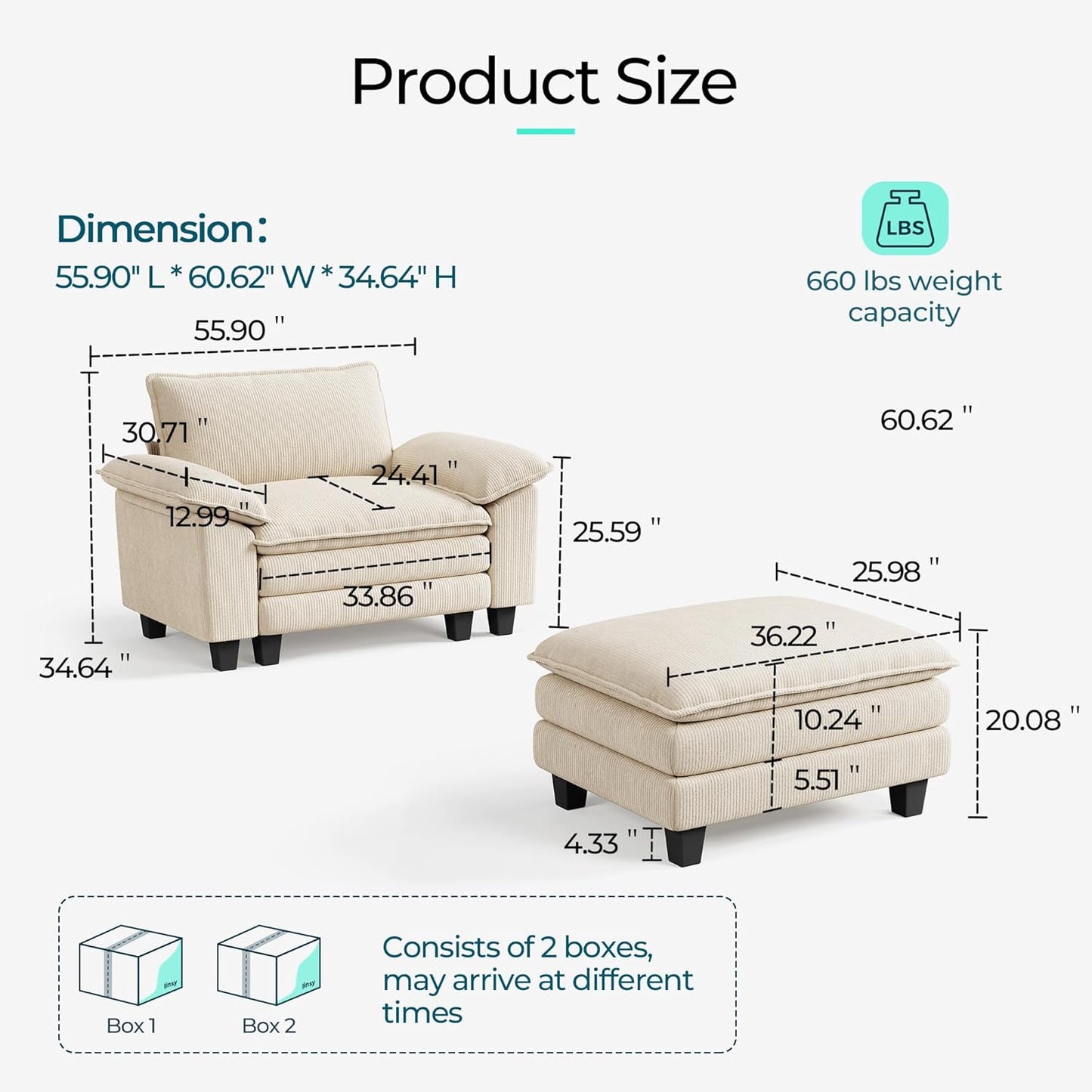 LINSY HOME Sofa Chair with Movable Ottoman - Corduroy Cloud Couch Chair Soft Comfy Modern Sofa Chaise Single Sleeper Chair Bed for Living Room Apartment Office, Beige