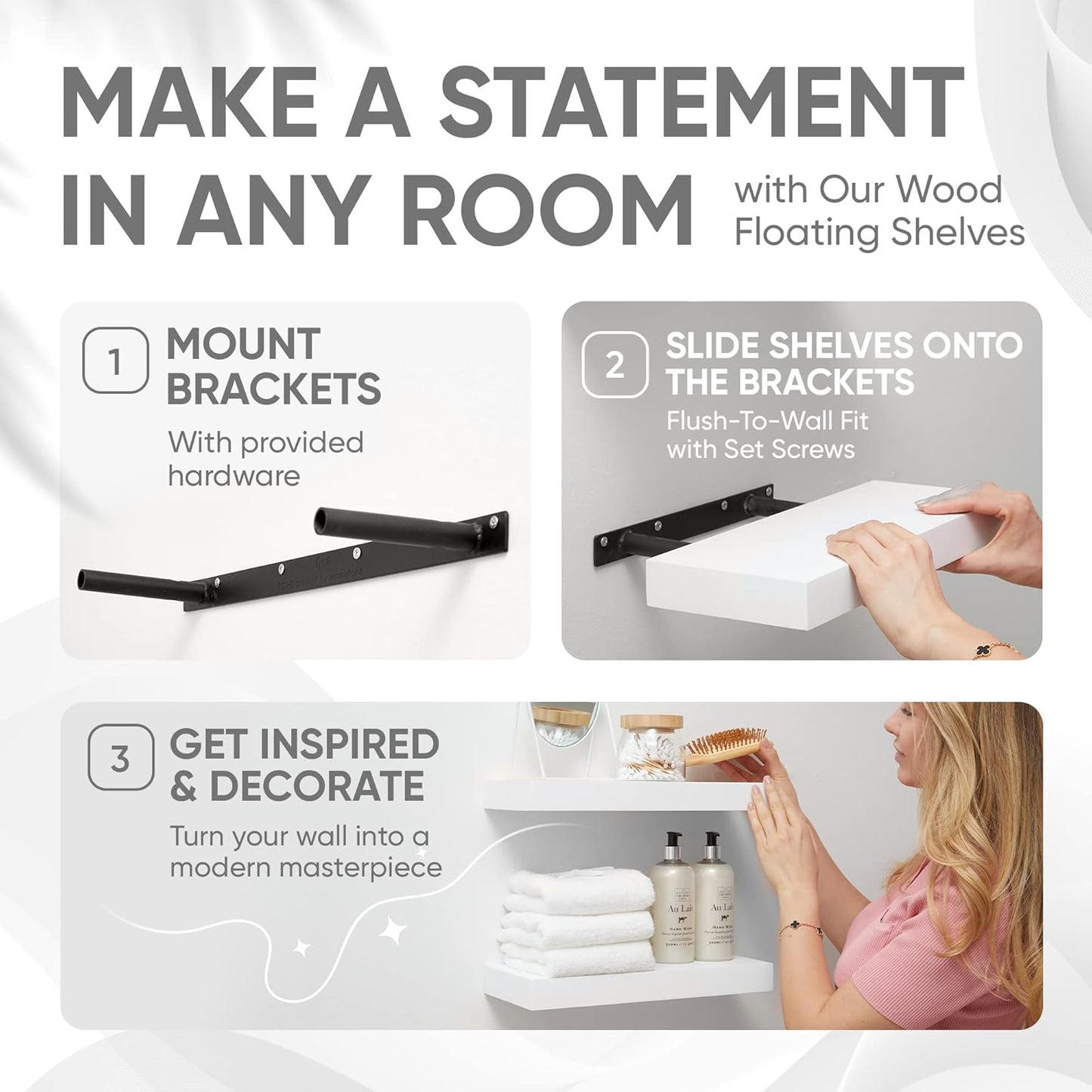 Homeforia White Floating Shelves 16 inch, High End Solid Real Wood 16inch Bathroom Floating Shelf for Wall Mounted, White Wooden 16 Floating Shelves, Heavy Duty Bracket, 16 X 6.5 X 1.75 inch, Set of 4