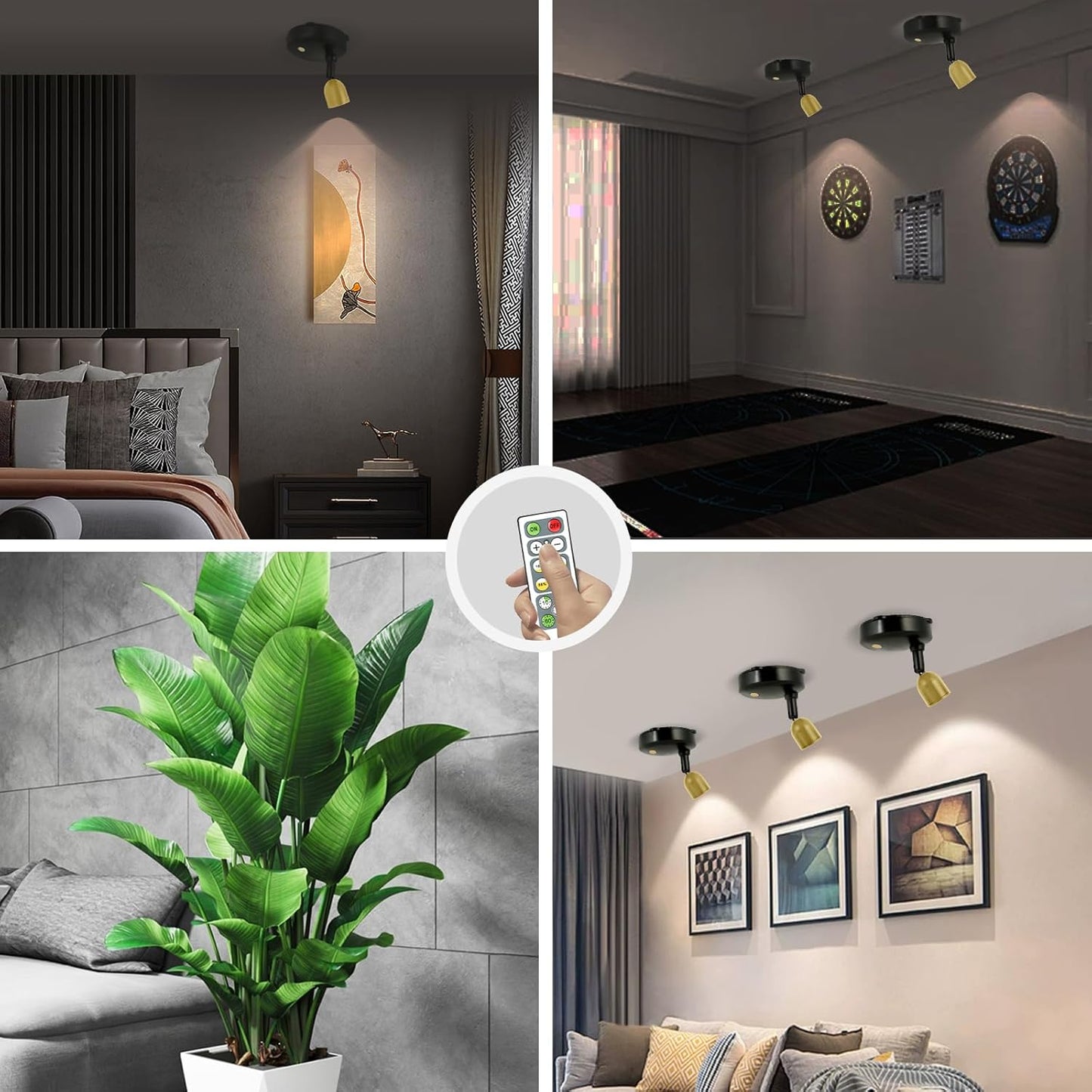 Cordless Spotlight Battery Powered, Dimmable Accent Up Light with Remote, Indoor LED Display Lighting for Picture Photo Dartboard Plant Tree Decor Painting Art Portrait