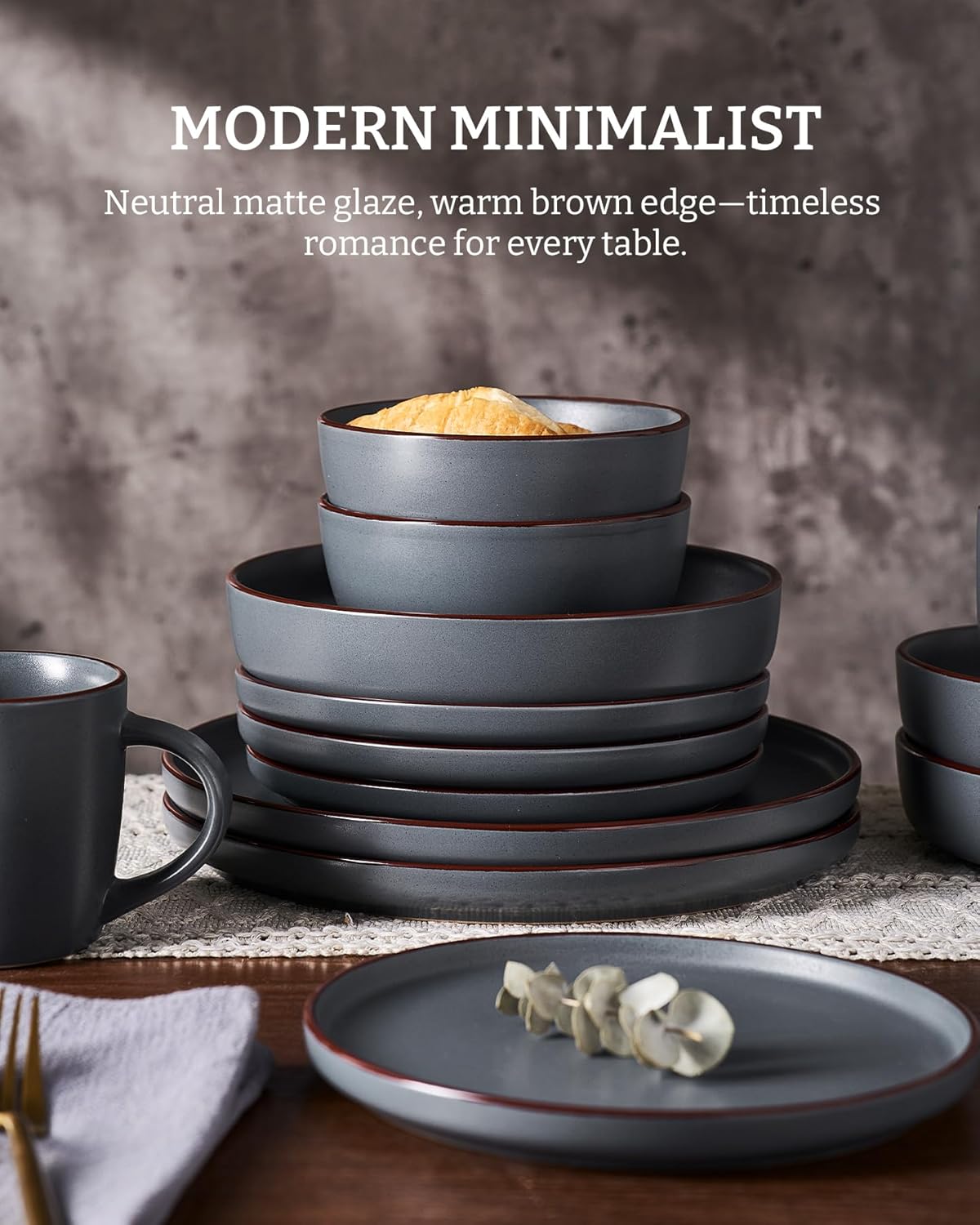 Famiware Mercury Plates and Bowls Sets, 12 Pieces Stoneware Dinnerware Sets, Dishes Set for 4, Microwave and Dishwasher Safe, Charcoal