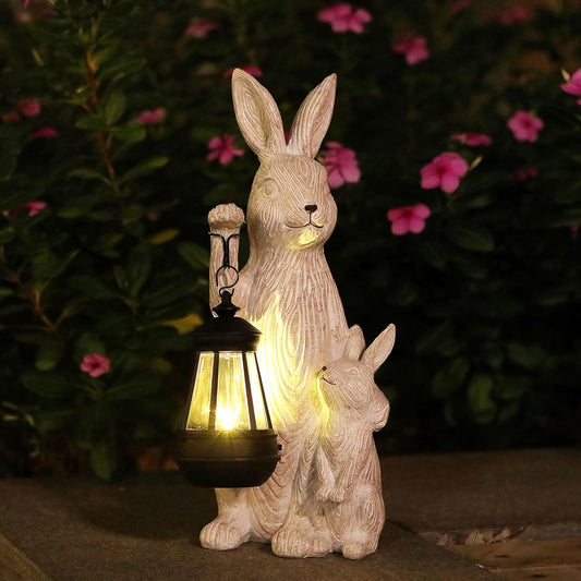 Solar Garden Statues Bunny Decor with LED Lights Home Decorations Outdoor Garden Rabbit Statue for Patio, Balcony, Yard, Lawn Ornament - Unique Housewarming Birthday Gifts for Women