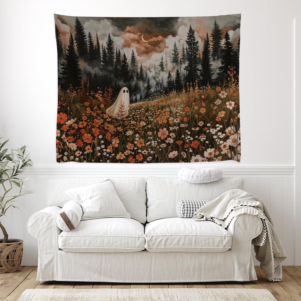 Spooky Fall Forest Art Halloween Tapestry Wall Hanging Cute and Funny Forest Flower Ghost Tapestry for Bedroom Whimsical Dark Academia Aesthetic Tapestries for Home Living Room Decor 70x90inch