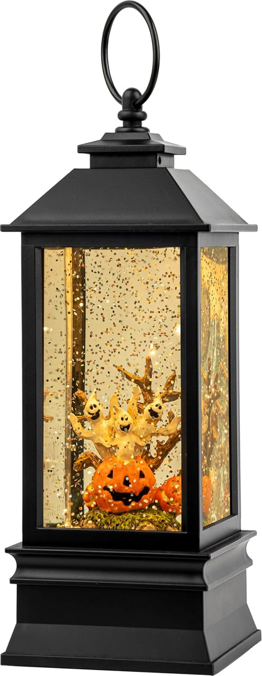 Halloween Snow Globe Lantern Water Glittering Spooky Ghosts in Pumpkins with Music, USB Lined/Battery Operated Lighted Lantern for Halloween Festival Decoration Gifts