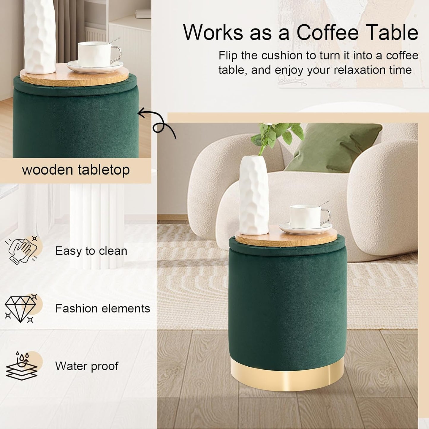 Round Ottoman with Storage Set of 2, Upholstered Velvet Storage Ottomans, Vanity Stool, Multifunctional Ottomans, Coffee Table Foot Rest Ottoman for Living Room Bedroom, Green