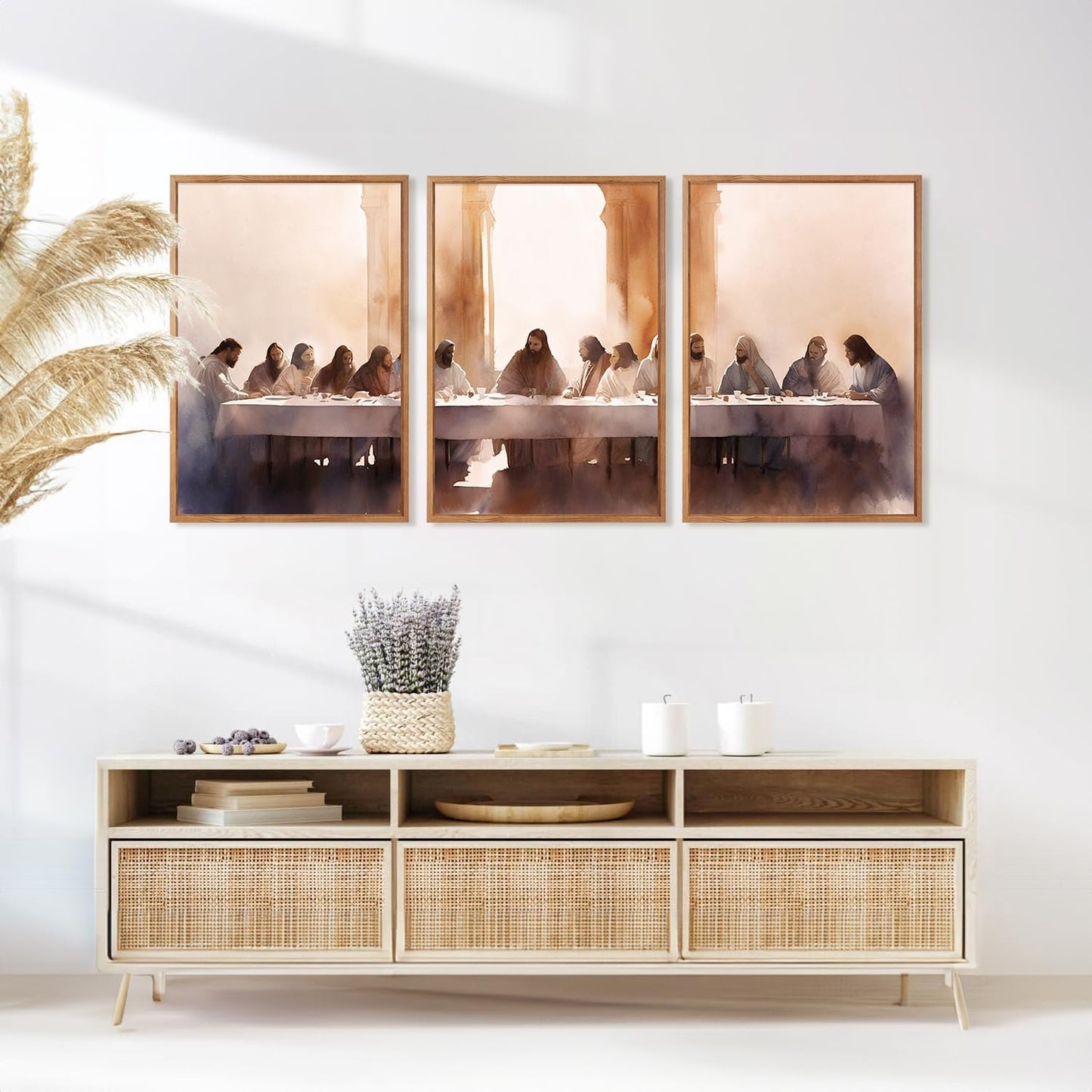 Aurlan Jesus Last Supper Bible Story Wall Art(16"x24"), 3PCS Boho Christ Christian Easter Gifts Canvas Artwork, Neutral Spiritual Religious Faith Decor Prints for Office Home