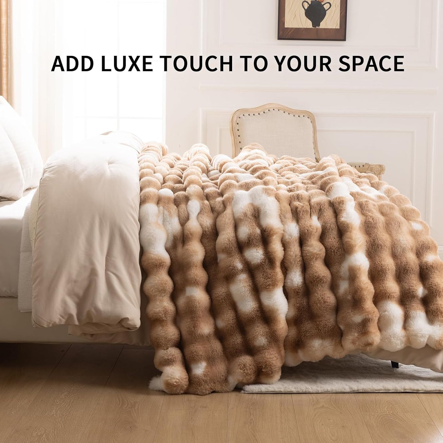 Cozy Faux Fur Throw Blanket for Bed-Warm Fuzzy Throw Blanket, Soft Plush Thick Bubble Blankets for Bedroom and Living Room, Furry Luxury Blanket, 90 x 90, Tie-Dye Brown