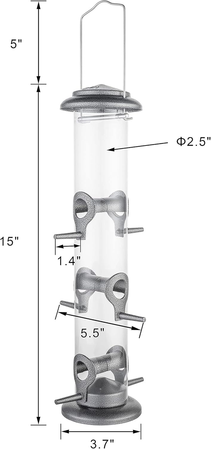 iBorn Metal Bird Feeder Hanging Wild Bird Seed Feeder for Mix Seed Blends Heavy Duty All Metal Silver Finish,14 Inch 6 Port(Seed is not Included)