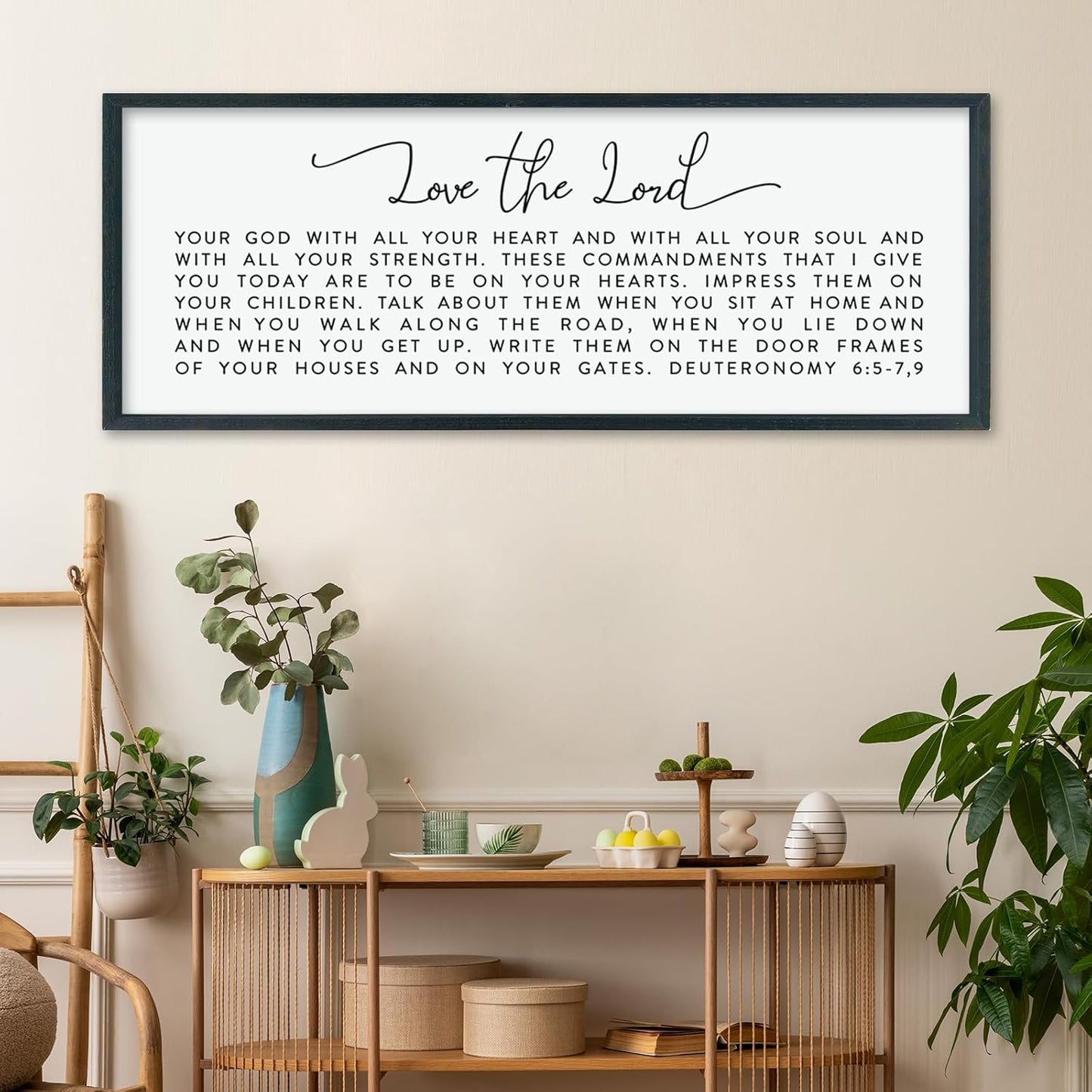 LuZhiQiang Love The Lord Your God With All Your Heart Wall Decor Art 40"×15" Deuteronomy 6:5-7, 9 Scripture Sign Bible Verse Large Wood Framed Wall Hanging (Black)