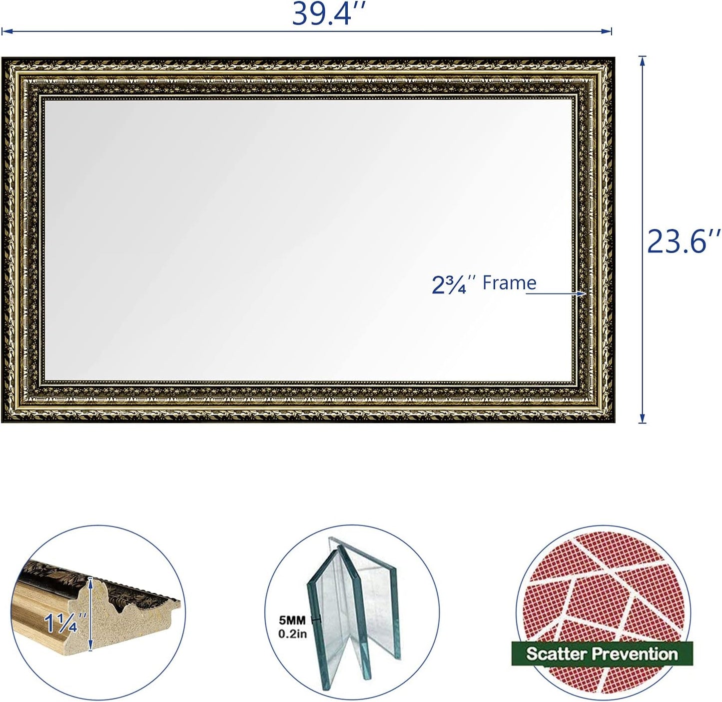 Bathroom Wall Mirror, Decorate Bathroom Mirrors for Wall, Rectangle Modern Bathroom Wall Mounted Mirror Vertical or Horizontal Hanging for Living Room (Gold Framed 40" x24'')