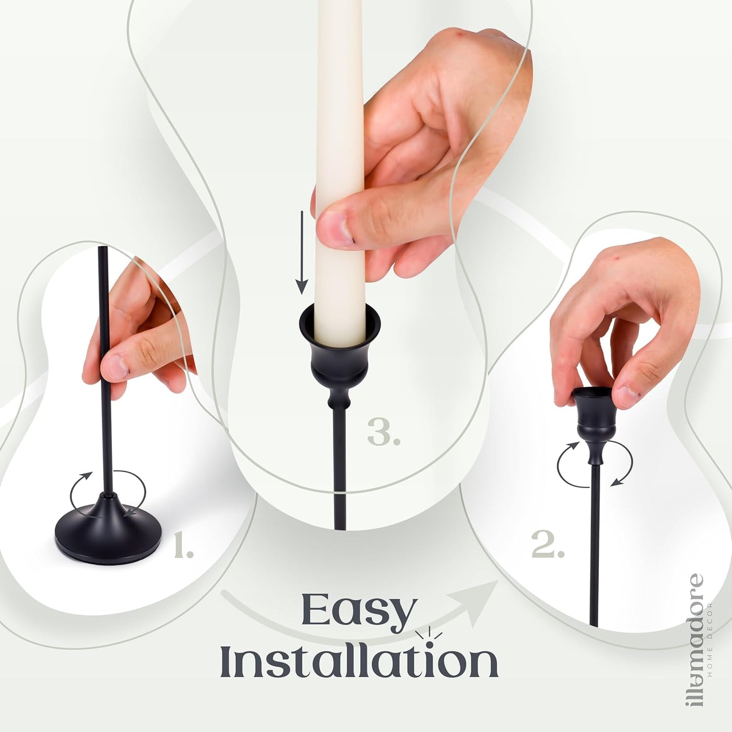 Black Candlestick Holders | Set of 6 | Metal with Matte Finish | 3 Different Sizes | Taper Candles Included | Decorative Centerpiece for Wedding, Christmas, Fireplace Mantel, Dining Table