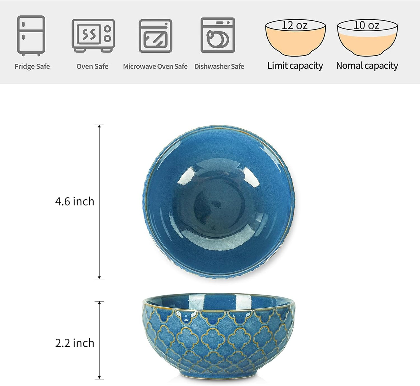 Sureasy Ceramic Ice Cream Bowls Set of 4-12 oz Blue Small Dessert Bowls for Kitchen, Perfect for Rice, Fruit, and Sauce, Microwave & Dishwasher Safe