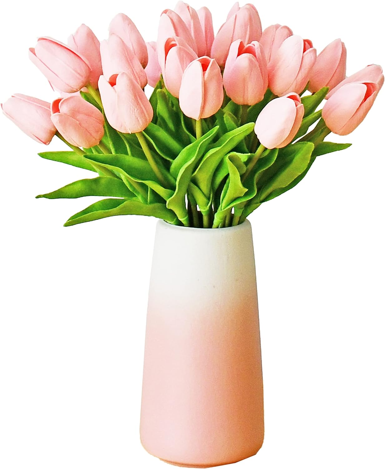 Mandy's Artificial Tulips 28 Stems Light Pink with Gradient Pink Vase PU Faux Flowers for Wedding Home Decor 13.5 Inch