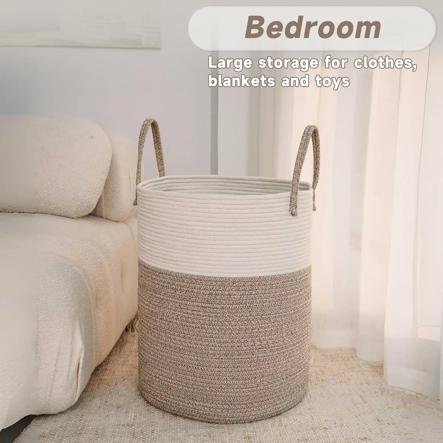 Large Woven Laundry Basket Hamper,80L Cotton Rope Storage Bin for Blankets,Toys and Clothes,Decorative Tall Nursery Hamper for Living Room,Baby Nursery,Bathroom and Bedroom,Brown