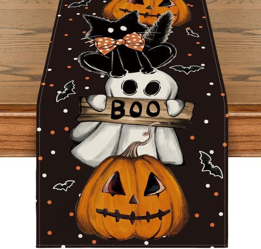 Artoid Mode Polka Dot Ghost Pumpkin Cat Boo Halloween Table Runner, Bat Seasonal Fall Kitchen Dining Table Decoration for Home Party Decor 13x90 Inch