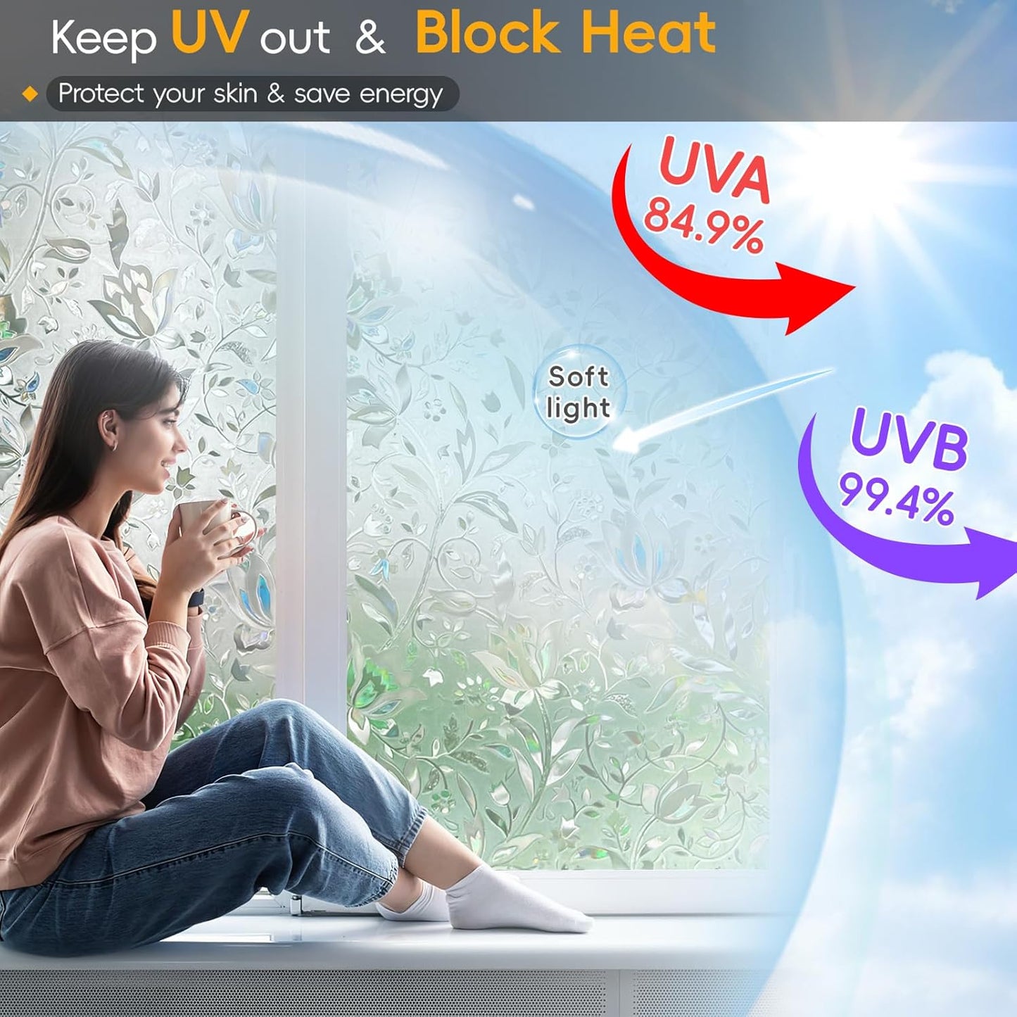 Rainbow Window Privacy Film Decorative, Stained Glass Window Tint for Home, 3D Decals Window Clings for Glass Windows, Static Cling Window Sticker, Suncatcher Window Cover,35.4" by 78.74"