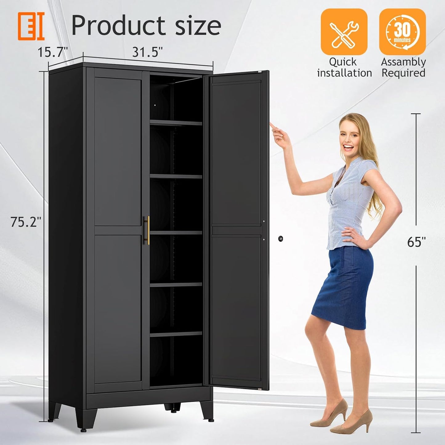 Kitchen Pantry Storage Cabinet with Doors and Adjustable Shelves, Metal ClosetMaid Food Pantry Cabinets, 75" Tall Freestanding Cupboard for Kitchen, Laundry or Utility Room, Black