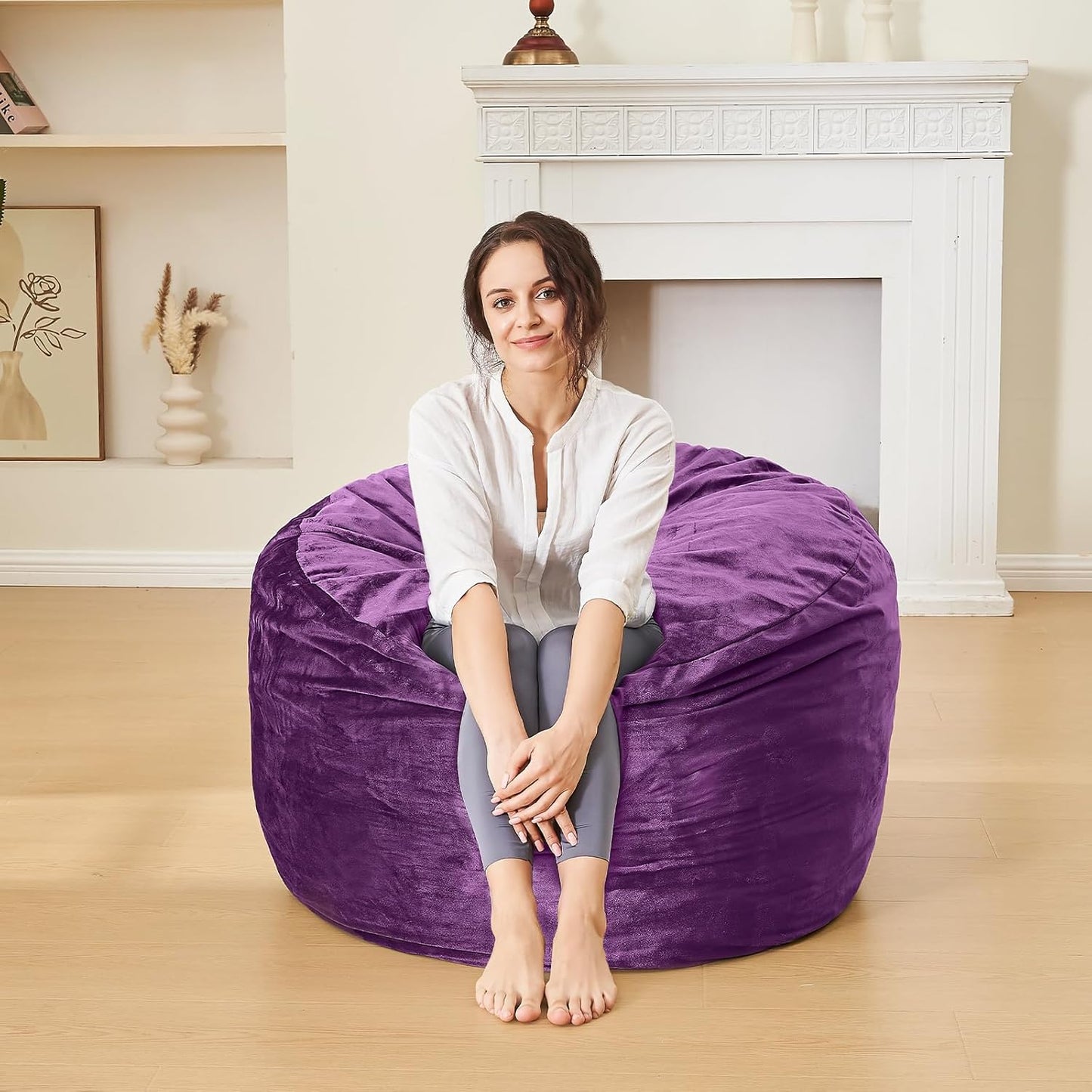 Bean Bag Chairs for Adults - Memory Foam Furniture BeanBag Chair - Kids/Teens Sofa with Soft Micro Fiber Cover - Round Fluffy Couch for Living Room Bedroom College Dorm - 3 ft, Purple