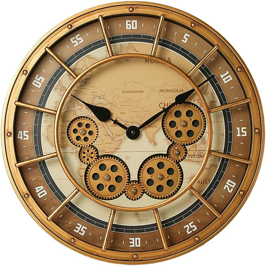 18 Inch Wall Clock with Moving Gears, Oversized Large Industrial Steampunk Decoration, Antique Metal Big Numeral Wall Clocks for Kitchen Study Room Living Room Decor (World Map Classical Gold)