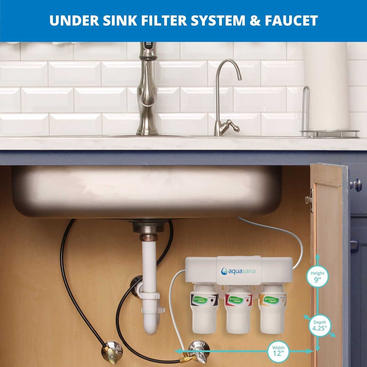 Aquasana Under Sink Water Filter System - Reduces PFAS, Lead, & Chlorine in Drinking Water - Under Counter Claryum Filtration for Kitchen - 3-Stage - Oil-Rubbed Bronze Faucet - AQ-5300.62